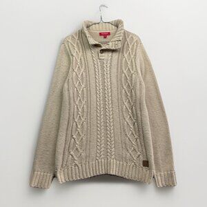 Guess  Cable Knit Fisherman Sweater Mens Sz L Off-White Beige Heavyweight Grunge